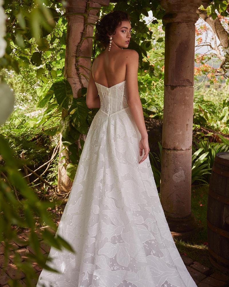 Lp2312 boho lace wedding dress with long train and strapless neckline5